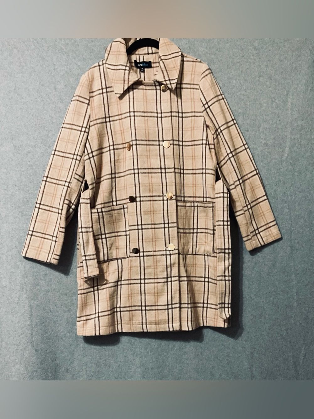 Alice Blue Beige Plaid Double-Breasted Trench Coat Sz M